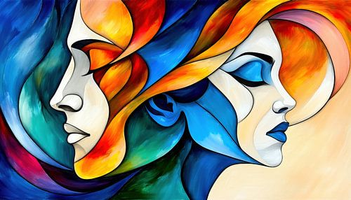 In vloeiende eenheid - de abstracte gezichten van man en vrouw, afgewend en toch onafscheidelijk verbonden, gehuld in een kleurenspel van diepblauw, fel oranje en zacht geel