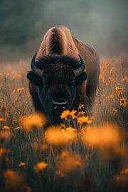 Bison dans un champ de fleurs sur Poster Art Shop