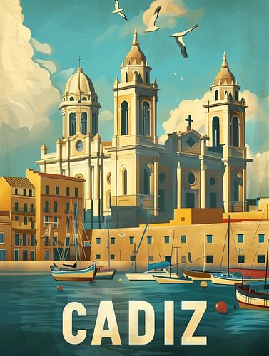 Sunny Cadiz Harbor: Spanish Coast Vintage Poster