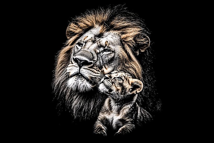 Leeuw en welp zwart-wit kunst van Art & Soul Creations