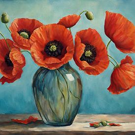 red poppies in glass vase by Yvonne Blokland