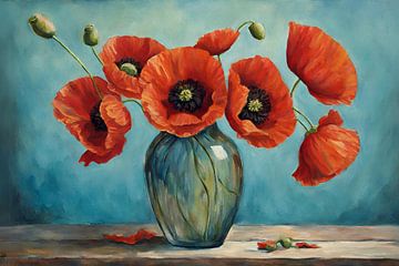 coquelicots rouges dans un vase en verre sur Yvonne Blokland