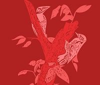 Gravure d'oiseaux dans un arbre rouge