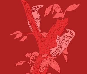 Gravure d'oiseaux dans un arbre rouge sur Leon Brouwer