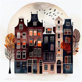 Amsterdamer Grachtenhäuser mit Aquarell von Maarten Knops