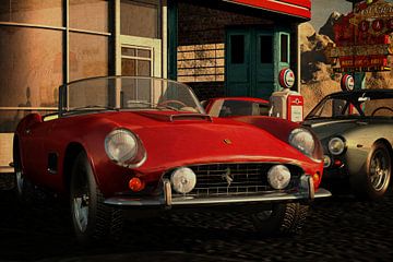 Ferrari 250GT Spyder California uit 1960 bij een oud benzinestation