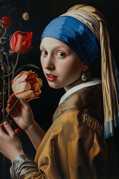 Beautiful Girl with a Pearl Earring and a Flower by Steinfox Art
