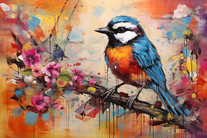 Wunderschöner Vogel im Mixed-Media-Pop-Art-Stil
