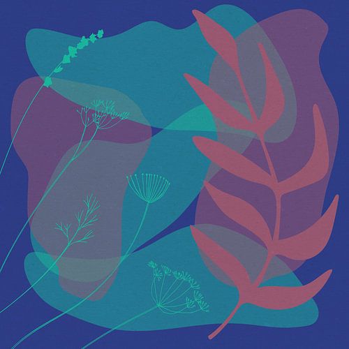 Retro jaren 70 bloemen in paars, turquoise en kobaltblauw.