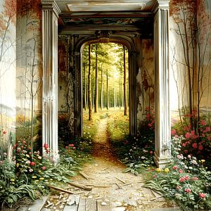 Lost Place surreal Wand Durchgang Wald Blumen Natur