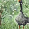 Aquarel van grauwe gans tussen het fluitenkruid van Marina Goudappel