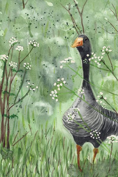 Aquarel van grauwe gans tussen het fluitenkruid van Marina Goudappel
