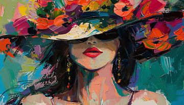 Femme séduisante avec chapeau de fleurs Expressionnisme abstrait panorama coloré sur TheXclusive Art