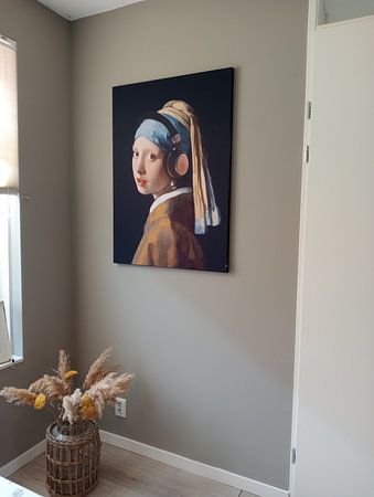 Girl with a Pearl Earring by Johannes Vermeer... with headphones! (cropped)
