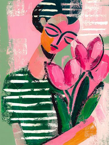 Portrait onirique avec des tulipes roses