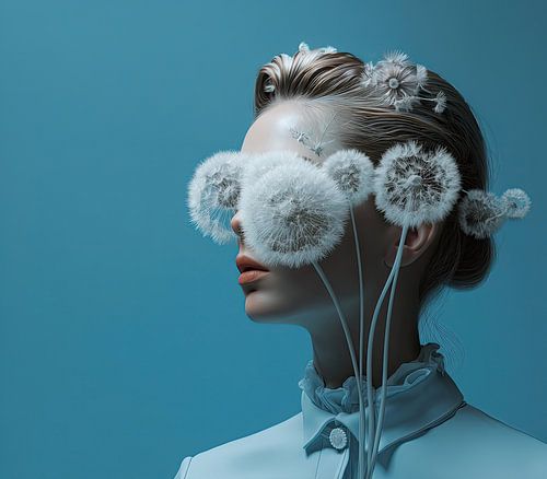 surrelistische vrouw met bloemen paardenbloemen