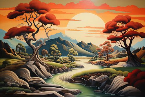 Bizarre surrealistich art deco landschap van een buitenaardse planeet