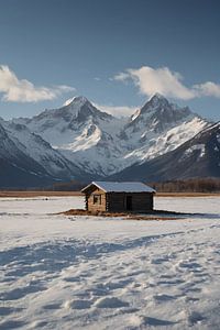Solitaire Hut tegen Sneeuwbergen Panorama van De Muurdecoratie