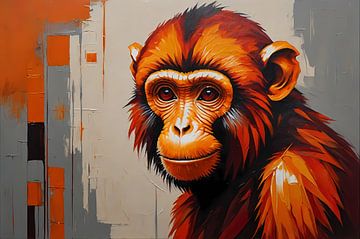 Ausdrucksstarker Affe in Orange und Rot von De Muurdecoratie