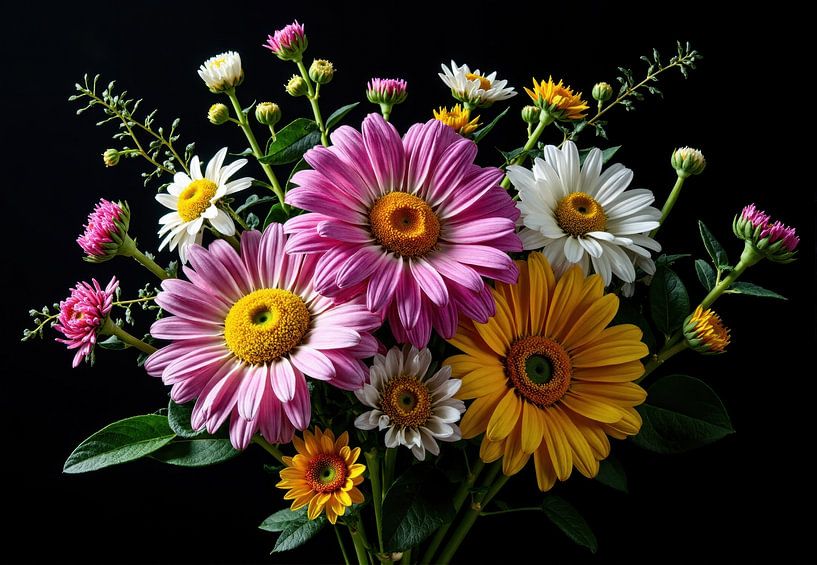 Gemischter Blumenstrauß: Rosa, weiße und gelbe Gänseblümchen von Markus Gann
