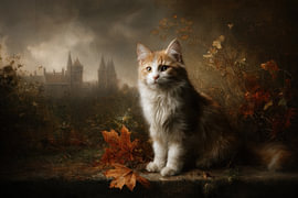 Castle Cat – Dreamy Painting in Earthy Tones by Peter Pen Drawings and Paintings