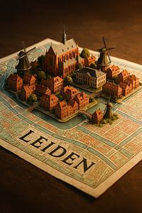 Carte 3D des moulins et canaux de Leyde - Art mural historique hollandais