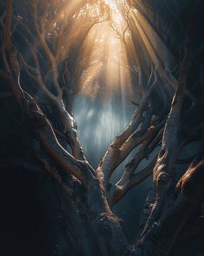 Magisch licht schijnt door bomen van fernlichtsicht
