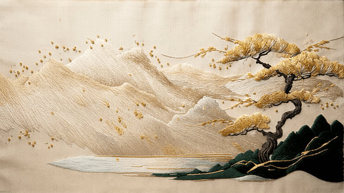 Japanische Stickkunst mit goldenem Tannenbaum und Berglandschaft