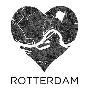 Liefde voor Rotterdam ZwartWit  |  Stadskaart in een hart | Zwartwit van WereldkaartenShop