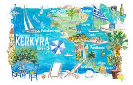 Corfu Kerkyra Geïllustreerde Griekenland eiland reiskaart in de Ionische Zee met wegen en toeristische hoogtepunten