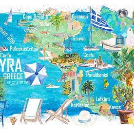 Korfu Kerkyra Illustrierte Griechenland Insel Reisekarte im Ionischen Meer mit Straßen und touristischen Highlights von Markus Bleichner