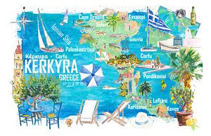 Korfu Kerkyra Illustrierte Griechenland Insel Reisekarte im Ionischen Meer mit Straßen und touristischen Highlights