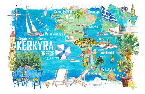 Corfou Kerkyra Carte de voyage illustrée de l'île grecque de la mer Ionienne avec les routes et les sites touristiques.