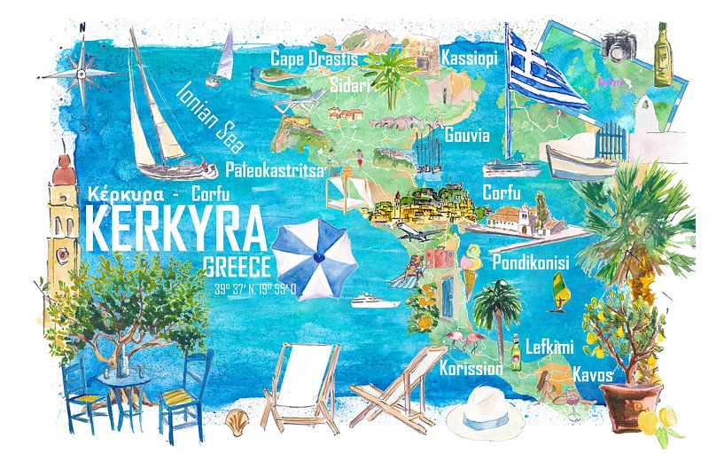 Corfu Kerkyra Geïllustreerde Griekenland eiland reiskaart in de Ionische Zee met wegen en toeristische hoogtepunten van Markus Bleichner