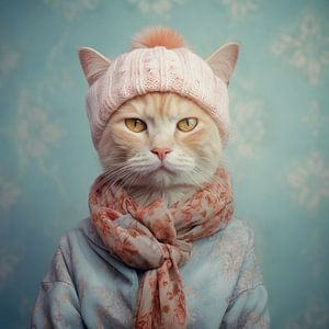 Rote Katze mit rosa Wollmütze Tierporträt