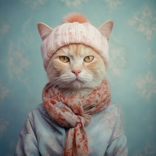 Rode kat met roze wollen muts dierenportret