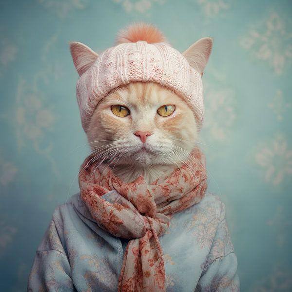 Red cat with pink wool cap animal portrait by Vlindertuin-Art
