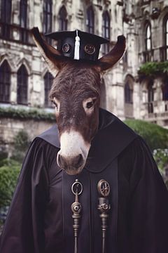 Steampunk ezel op zijn diploma uitreiking van Elianne van Turennout