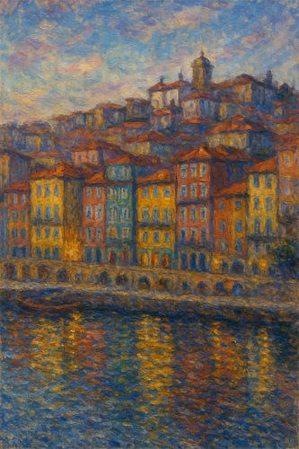 Porto Ribeira District Twilight – Douro River Colorful Houses Impressionism
