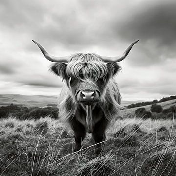 Schottisches Hochlandrind in den Weiden schwarzweiß von Beefboy