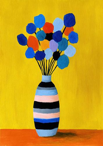 Colourful vase with flowers on yellow