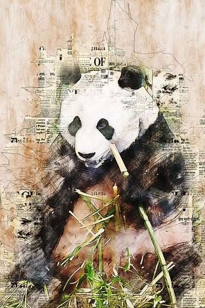 Großer Panda frisst Bambushalm (Mischtechnik, Kunst) von Art by Jeronimo