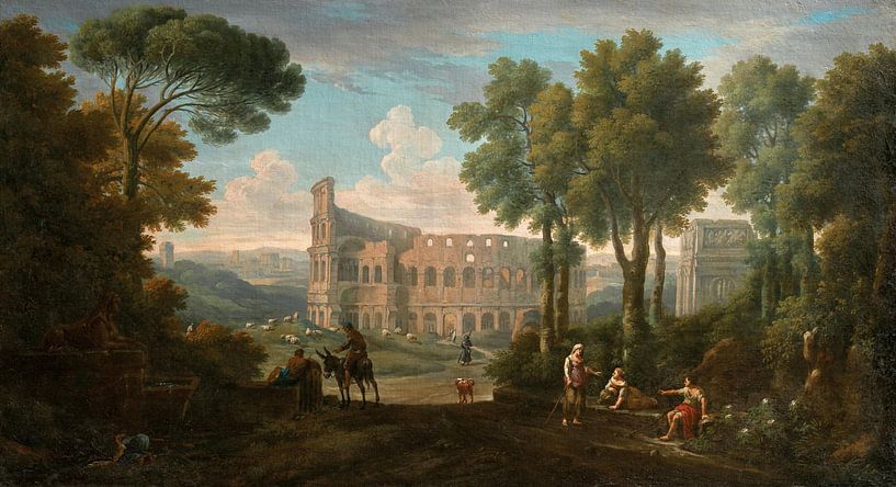 Das Kolosseum mit dem Konstantinsbogen und Figuren, Rom, Jan Frans van Bloemen von Meisterhafte Meister
