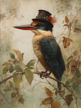 Steampunk IJsvogel met Hoed op een Herfstige Tak