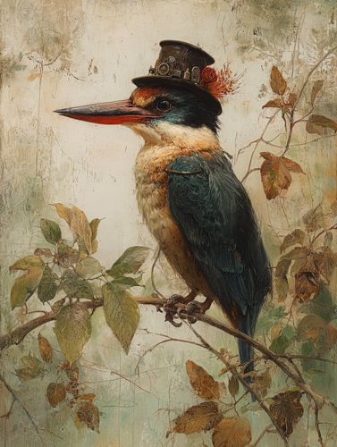 Martin-pêcheur Steampunk avec chapeau sur une branche d'automne sur But First Framing