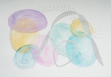 Happiness (aquarelle joyeuse et abstraite avec des formes organiques en argent et en pastel) sur Birgitte Bergman