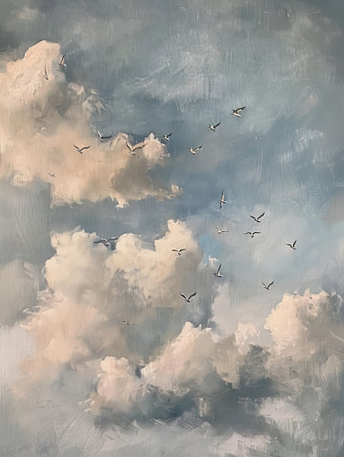Wolken und Vögel in zartblauem Himmel und Freiheit von Eva Lee