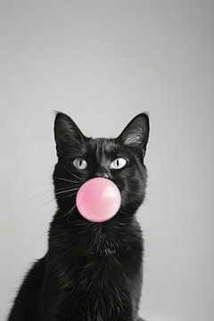 Zwarte kat blaast roze kauwgombel op lichte achtergrond van Felix Brönnimann