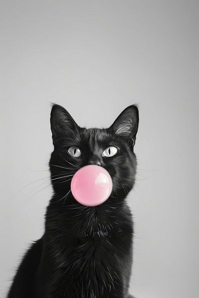 Black cat blowing pink bubble gum bubble on light background by Poster Art Shop