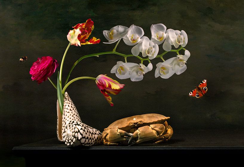Flower still life with tulips and sea life by Sander Van Laar